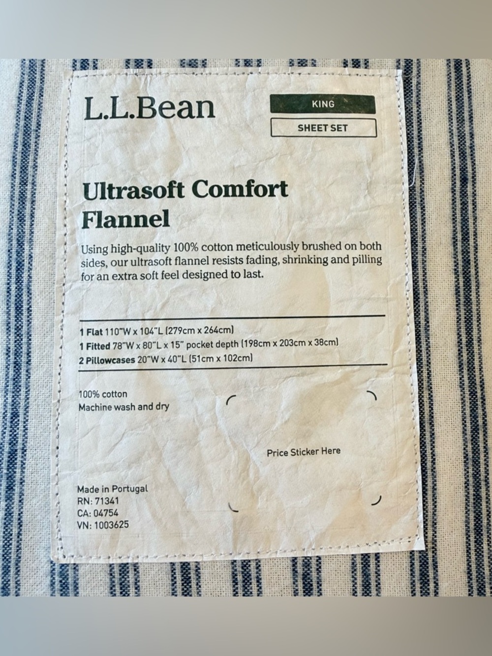 L.L. Bean King Ultrasoft Comfort Flannel Sheet Set Mariner Blue Stripe NWT $200 - Picture 5 of 12